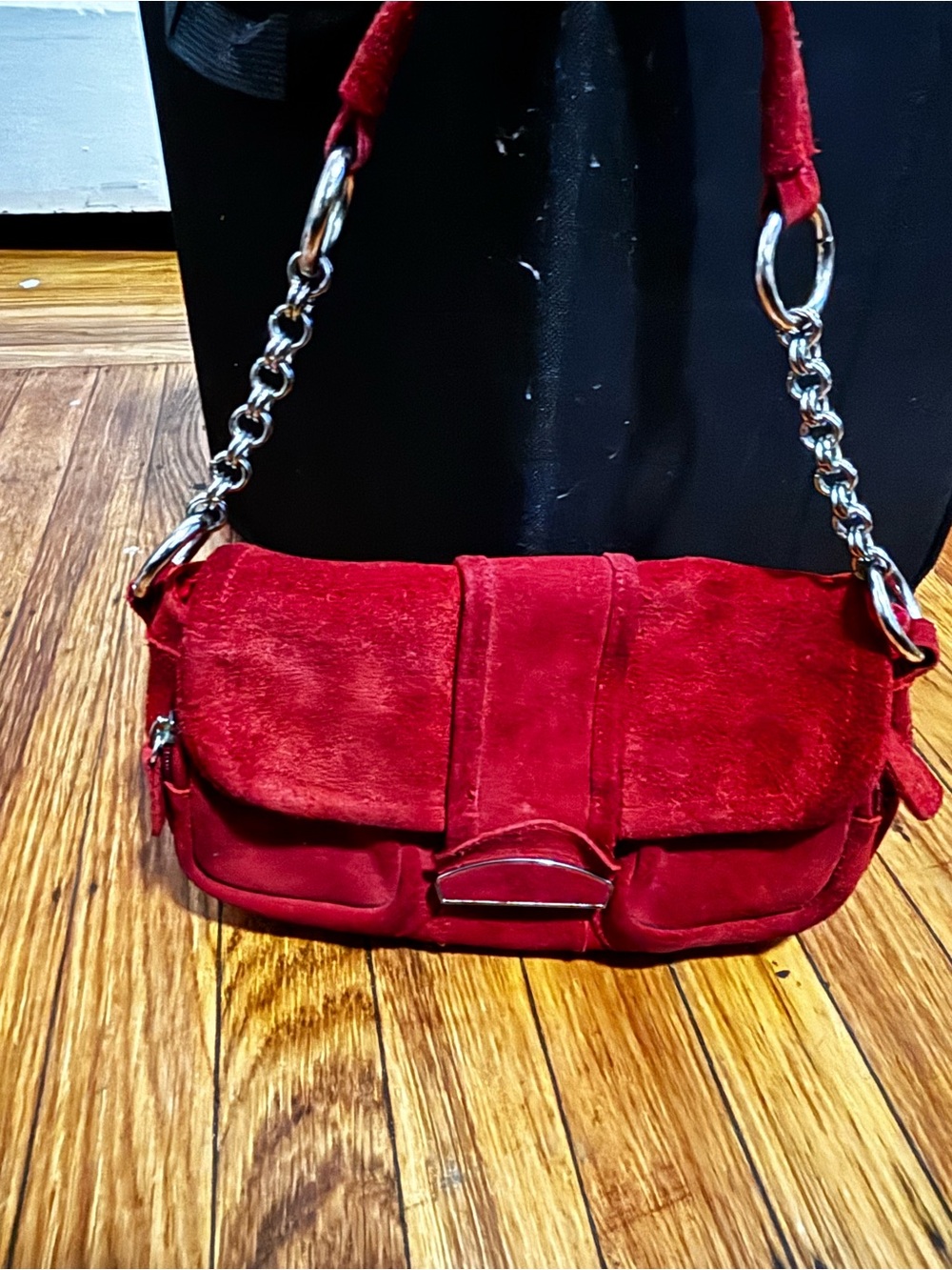 Red Suede Shoulder Bag with Silver Chain Strap